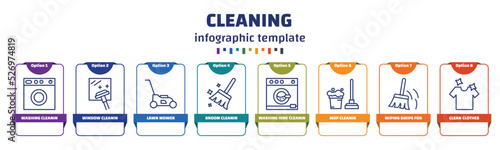 infographic template with icons and 8 options or steps. infographic for cleaning concept. included washing cleanin, window cleanin, lawn mower, broom cleanin, washing hine mop wiping swipe for