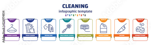 infographic template with icons and 8 options or steps. infographic for cleaning concept. included hanger cleanin, trash cleanin, wiping iron, toilet brush cleanin, compress bleach vacuum, sponge