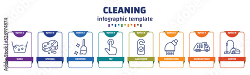 infographic template with icons and 8 options or steps. infographic for cleaning concept. included wash, sponges, sweeping, tap, clean room, shower head, garbage truck, hoover icons.