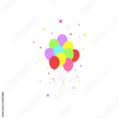 Happy birthday feast  birthday party  many colorful balloons  flat vector illustration and icons