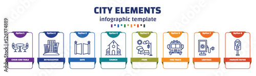 infographic template with icons and 8 options or steps. infographic for city elements concept. included chair and table, skyscrapper, gate, church, park, fire truck, lightbox, parking meter icons.