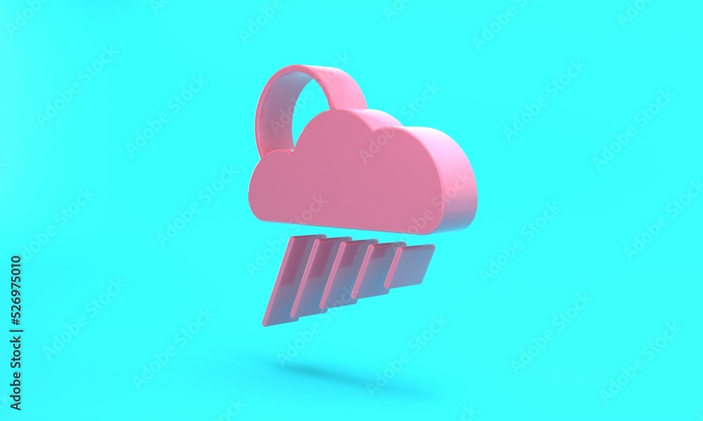 Pink Cloud with rain and sun icon isolated on turquoise blue background. Rain cloud precipitation with rain drops. Minimalism concept. 3D render illustration Pink Cloud with rain and sun icon isolated on turquoise blue background. Rain cloud precipitation with rain drops. Minimalism concept. 3D render illustration