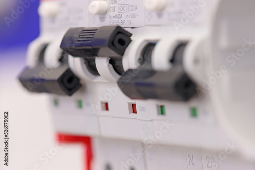 circuit breakers for protection of electrical loads installed in the electrical panel. Soft focus.