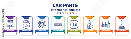 infographic template with icons and 8 options or steps. infographic for car parts concept. included car demister, car petrol tank, disc brake, numberplate, fog lamp, choke, accelerator, handbrake photo