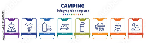 infographic template with icons and 8 options or steps. infographic for camping concept. included jockey, lamp, thermos, camper, thermo, picnic, grill, mountain icons.