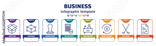 infographic template with icons and 8 options or steps. infographic for business concept. included empty box, structure, rubber stamp, tax calculate, director desk, money convert, golf sticks, paper