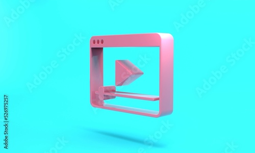 Pink Online play video icon isolated on turquoise blue background. Film strip with play sign. Minimalism concept. 3D render illustration © Iryna