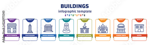 infographic template with icons and 8 options or steps. infographic for buildings concept. included arc de triomphe, state building, lincoln memorial, rapa nui, goverment building, gurdwara, chinese