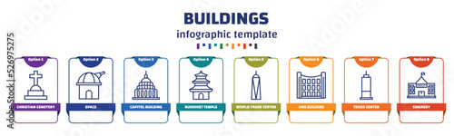 infographic template with icons and 8 options or steps. infographic for buildings concept. included christian cemetery, space, capitol building, buddhist temple, world trade center, uno building, photo