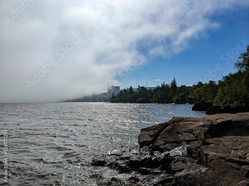 Aerial view of sea surrounded by rocky beach and trees photo