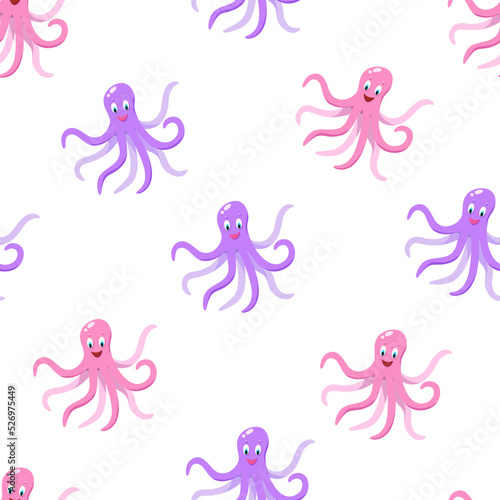 Seamless pattern Cartoon funny octopus with bubbles and stars, vector illustration of a sea animal in a children concept.