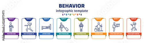 infographic template with icons and 8 options or steps. infographic for behavior concept. included fracture arm, man warming up, laying in bed, man travelling, piggyback a kid, cleaner man, stick