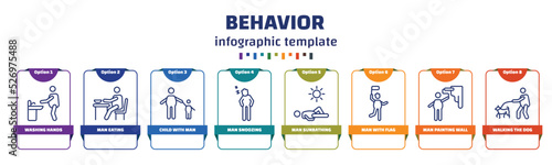 infographic template with icons and 8 options or steps. infographic for behavior concept. included washing hands, man eating, child with man, man snoozing, sunbathing, with flag, painting wall,