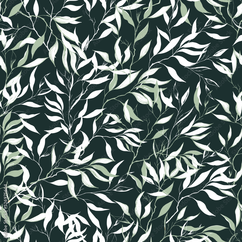 custom made wallpaper toronto digitalWhite leaves on green background seamless pattern. Vector forest background from leaves for fabric and paper