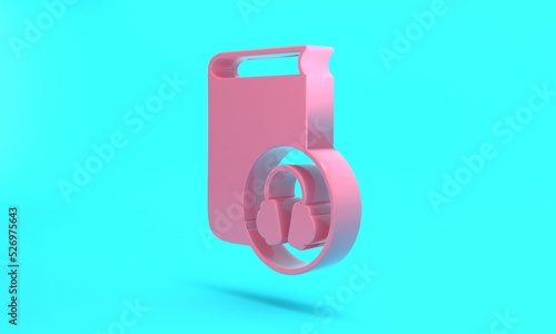 Pink Audio book icon isolated on turquoise blue background. Book with headphones. Audio guide sign. Online learning concept. Minimalism concept. 3D render illustration