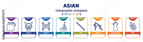 infographic template with icons and 8 options or steps. infographic for asian concept. included pouch, hannya, scrolls, sail, dizi, bamboo, chinese dress, spike icons.