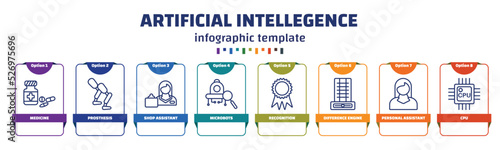 infographic template with icons and 8 options or steps. infographic for artificial intellegence concept. included medicine, prosthesis, shop assistant, microbots, recognition, difference engine,