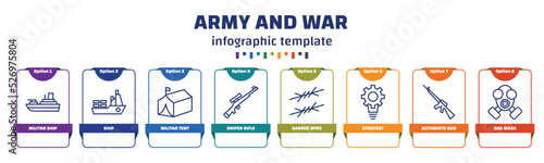 infographic template with icons and 8 options or steps. infographic for army and war concept. included militar ship, ship, militar tent, sniper rifle, barbed wire, strategy, automatic gun, gas mask
