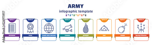 infographic template with icons and 8 options or steps. infographic for army concept. included notebook, rank, planet grid circular, cannon, grenade, tent, bombs, militar strategy icons.