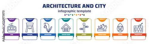 infographic template with icons and 8 options or steps. infographic for architecture and city concept. included cabl, paifang, snowdrop, garage door, street, wood plane, gnome, foundation icons.
