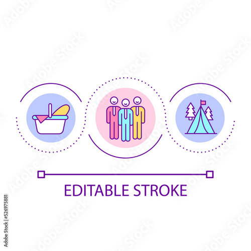 Corporate outdoors activity loop concept icon. Coworkers camping and picnic. Informal team building abstract idea thin line illustration. Isolated outline drawing. Editable stroke. Arial font used
