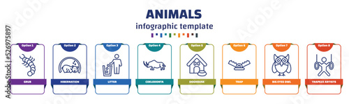 infographic template with icons and 8 options or steps. infographic for animals concept. included grub, hibernation, litter, coelodonta, doghouse, trap, big eyes owl, trapeze artists icons.