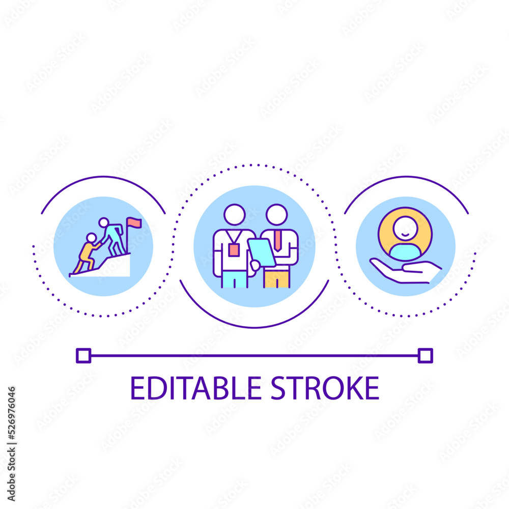 Mentorship in workplace loop concept icon. Training and support for employees. Business abstract idea thin line illustration. Isolated outline drawing. Editable stroke. Arial font used Mentorship in workplace loop concept icon. Training and support for employees. Business abstract idea thin line illustration. Isolated outline drawing. Editable stroke. Arial font used