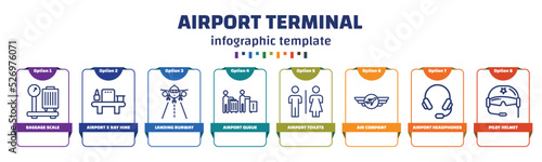 infographic template with icons and 8 options or steps. infographic for airport terminal concept. included baggage scale, airport x ray hine, landing runway, airport queue, toilets, air company,