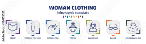 infographic template with icons and 7 options or steps. infographic for woman clothing concept. included pocket, strapless tube dress, parfum bottle, parfum, curling hair, glasses, hobo shoulder bag