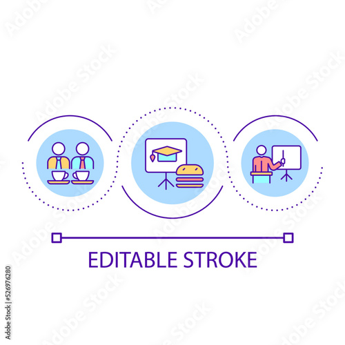 Business meeting at lunch loop concept icon. Informal atmosphere of brainstorm. Training abstract idea thin line illustration. Isolated outline drawing. Editable stroke. Arial font used