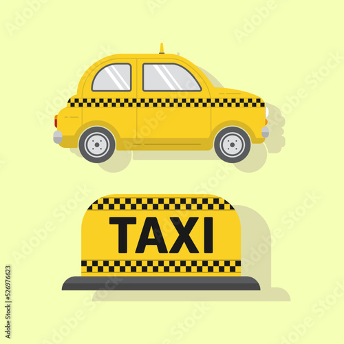 Vector icon car taxi service yellow color in flat style with shadow, as well as a checker with the inscription taxi on a bright background, for advertising and web design.
