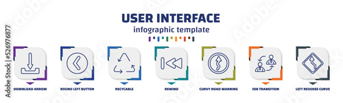 infographic template with icons and 7 options or steps. infographic for user interface concept. included download arrow, round left button, recycable, rewind, curvy road warning, job transition,