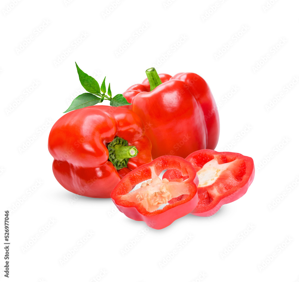 Fresh sweet pepper with leaves isolated on transparent background. (.PNG) Fresh sweet pepper with leaves isolated on transparent background. (.PNG)