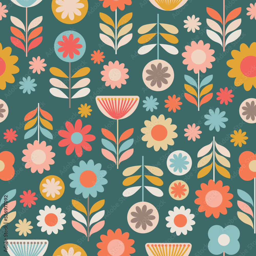 Many retro flowers made from simple shapes on dark green background, seamless repeating pattern vector illustration 