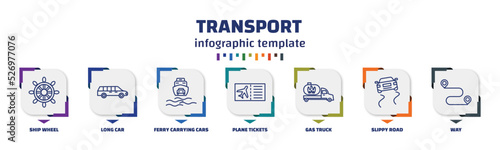 infographic template with icons and 7 options or steps. infographic for transport concept. included ship wheel, long car, ferry carrying cars, plane tickets, gas truck, slippy road, way icons.