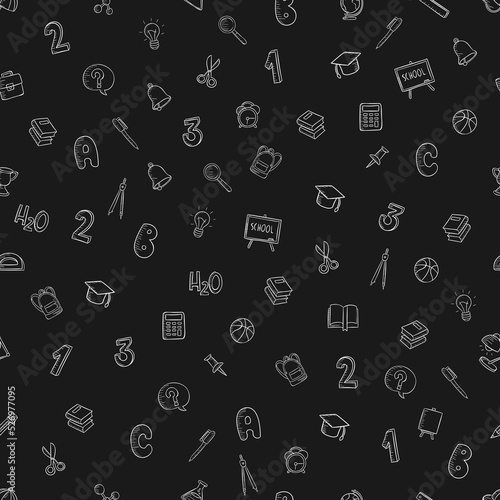 Seamless vector pattern on a black background school items in a flat style doodle numbers, alarm clock, pen, bell, magnifier, briefcase, calculator.