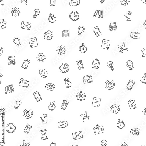 Seamless pattern in doodle style, black business icons on a white background which depicts an envelope, a gear, a light bulb. stopwatch, scissors, calculator, vector flat abstract illustration.
