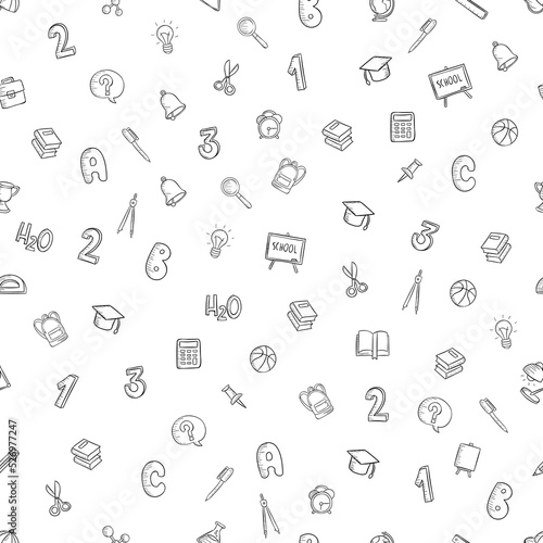Seamless vector pattern on a white background school items in a flat style doodle numbers, alarm clock, pen, bell, magnifier, briefcase, calculator, for web design and typography.
