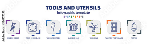 infographic template with icons and 7 options or steps. infographic for tools and utensils concept. included hanging ladder, timer round clock, tack save button, calendar page, windmills, film strip