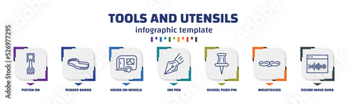 infographic template with icons and 7 options or steps. infographic for tools and utensils concept. included piston on, rubber bands, house on wheels, ink pen, school push pin, moustaches, sound