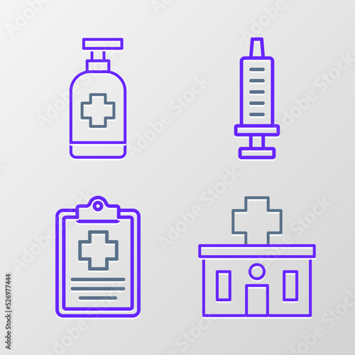 Set line Hospital building, Patient record, Syringe and Antibacterial soap icon. Vector