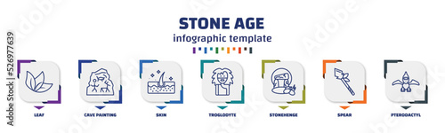 infographic template with icons and 7 options or steps. infographic for stone age concept. included leaf, cave painting, skin, troglodyte, stonehenge, spear, pterodactyl icons.