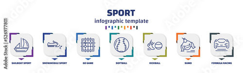 infographic template with icons and 7 options or steps. infographic for sport concept. included sailboat sport, snowmobile sport, go game, softball, kickball, sumo, formula racing icons.