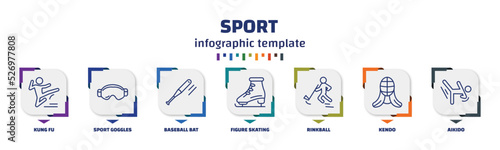 infographic template with icons and 7 options or steps. infographic for sport concept. included kung fu, sport goggles, baseball bat, figure skating, rinkball, kendo, aikido icons.