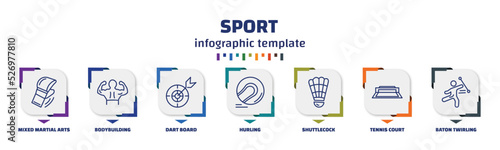 infographic template with icons and 7 options or steps. infographic for sport concept. included mixed martial arts, bodybuilding, dart board, hurling, shuttlecock, tennis court, baton twirling