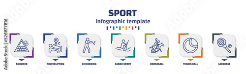 infographic template with icons and 7 options or steps. infographic for sport concept. included snooker, powerlifting, kickboxing, canoe sport, horseball, tennis ball, lacrosse icons.