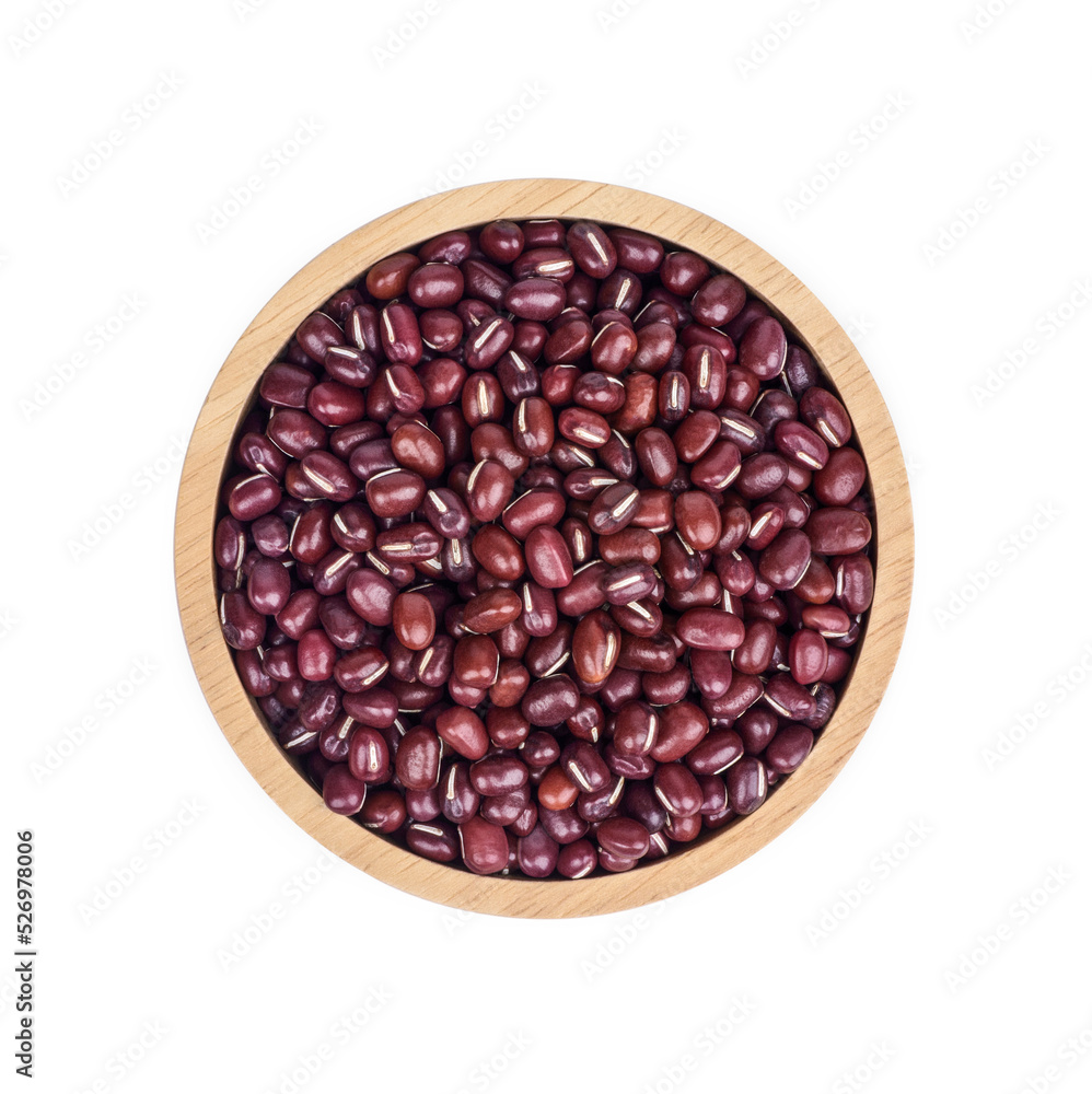 Red bean seeds in a wooden cup isolated on transparent background. (.PNG). Top view Red bean seeds in a wooden cup isolated on transparent background. (.PNG). Top view