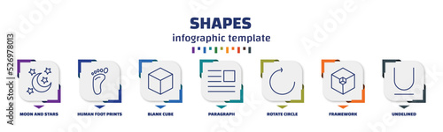 infographic template with icons and 7 options or steps. infographic for shapes concept. included moon and stars, human foot prints, blank cube, paragraph, rotate circle, framework, undelined icons.