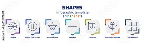 infographic template with icons and 7 options or steps. infographic for shapes concept. included poligon, round stop button, morning star, cut here, parabola, windshield washer, four squares icons.