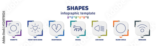infographic template with icons and 7 options or steps. infographic for shapes concept. included vignette, heart with shine, heartbreak, jackal, low beam, blank circle, wireless icons.